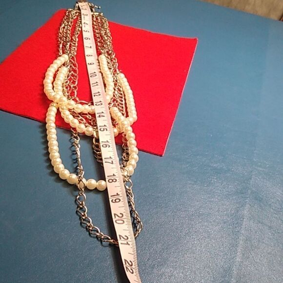 Statement Bib Silver Tone Metal w/ Faux Pearl Necklace Cottagecore Grandmacore - Picture 3 of 4